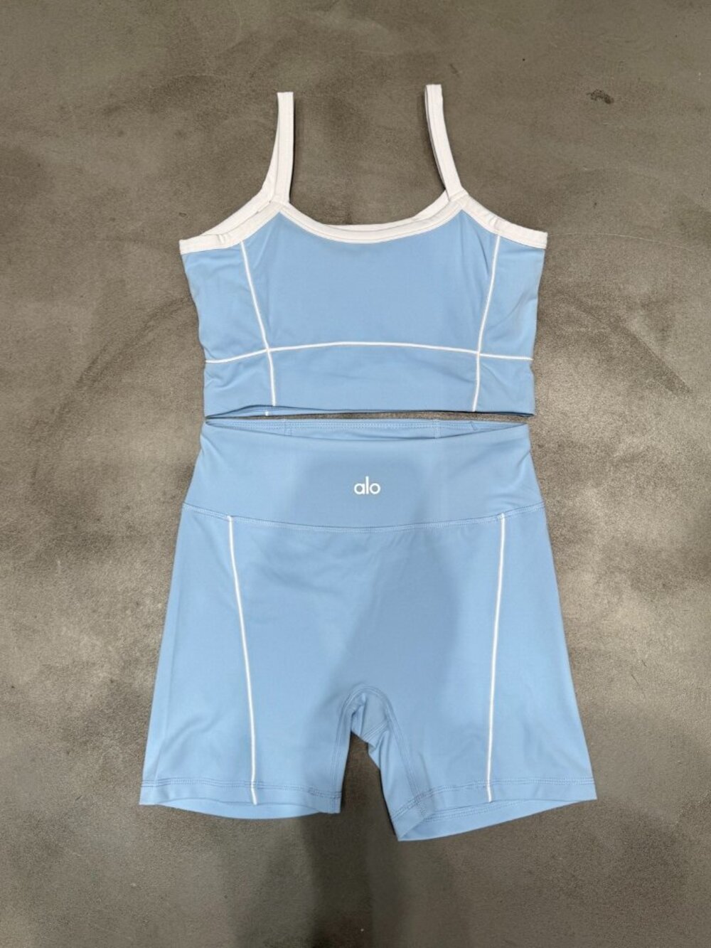 Alo Yoga Light Blue Contrast Stitch Matching Workout Set S - Picture 1 of 7